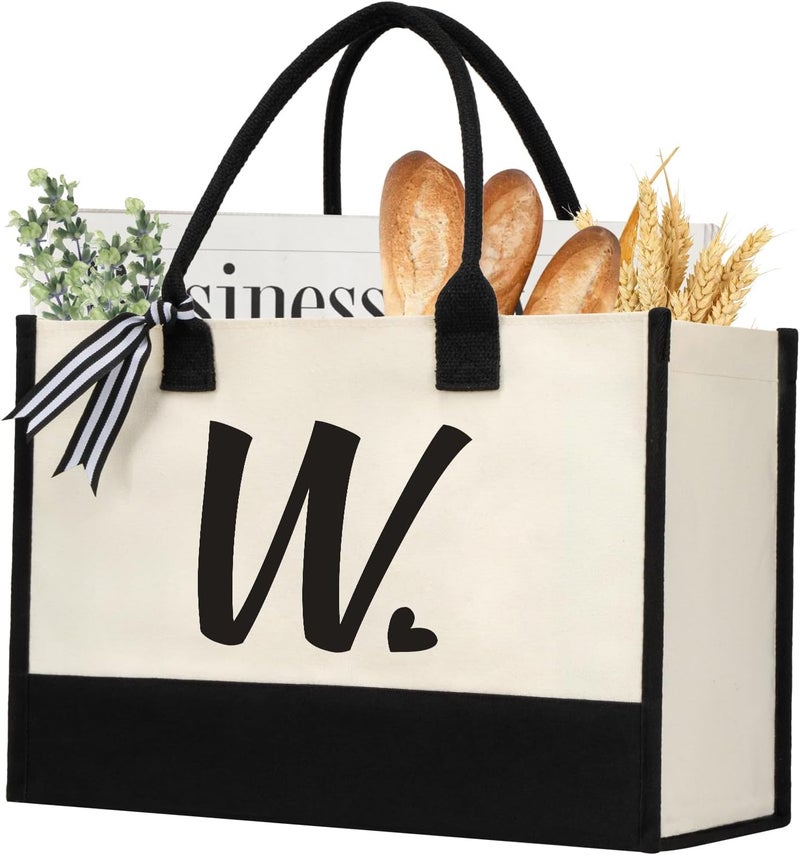 shenee Initial Canvas Tote Bag, Personalized Beach Jute Bag Present for Women Holiday,Friends Birthday Gift,Wedding, New Year - Image 1